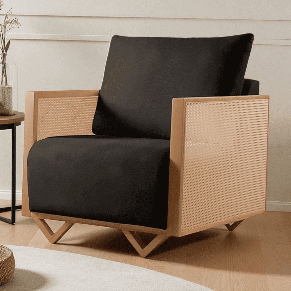 Poltrona para Sala de Estar Madeira Maciça Palha Rattan Arthur Preto