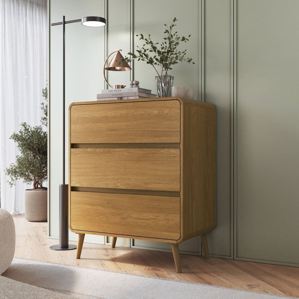 Cômoda para Quarto 3 Gavetas em MDF e MDP Curve Carvalho Xingu