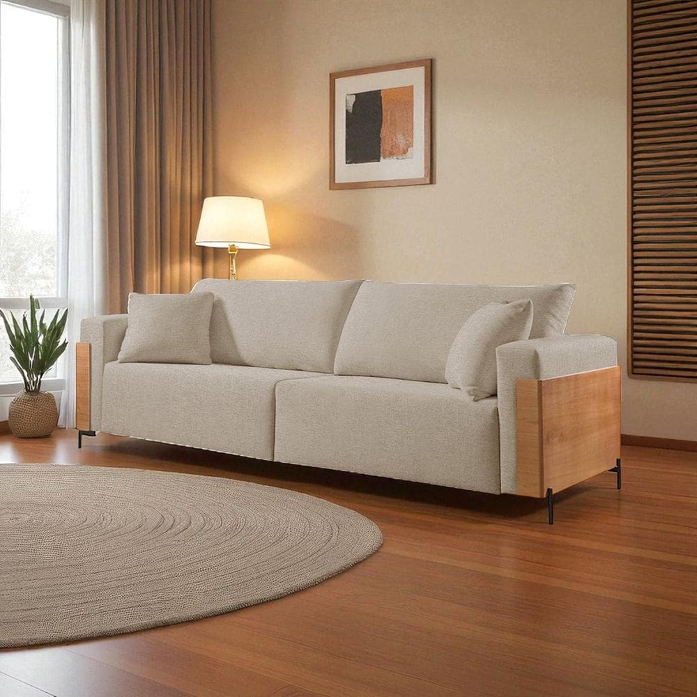 Sofá Fixo Heitor 3 Lugares Luxo Pé de Metal 2,20m Castellar Móbile Linho Bege