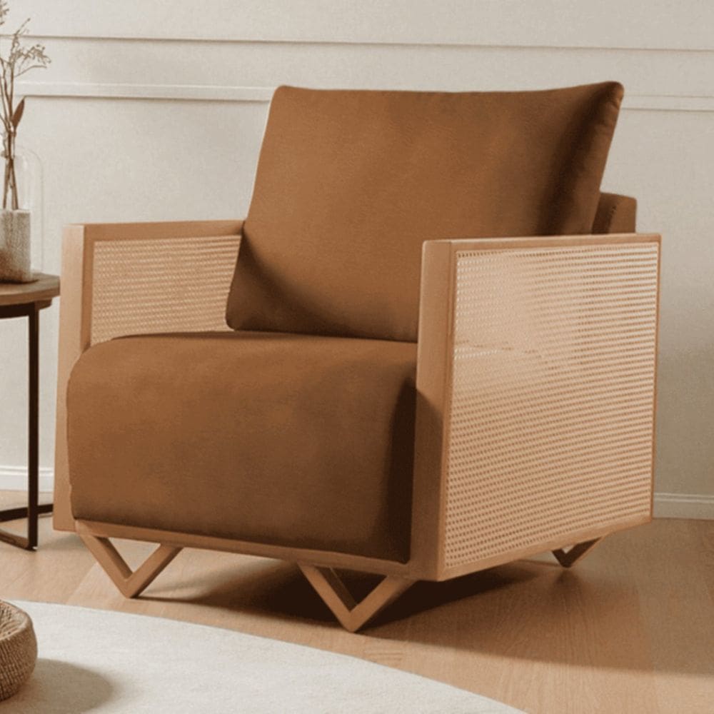 Poltrona para Sala de Estar Madeira Maciça Palha Rattan Arthur Caramelo