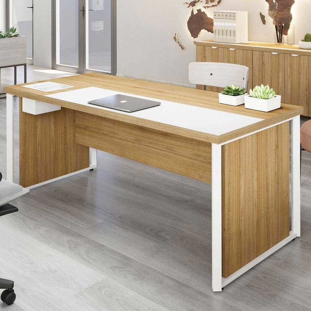 Mesa Executiva para Escritório Diretor 200cm com Caixa de Tomadas Porta Objetos Corporate Macadâmia/Branco