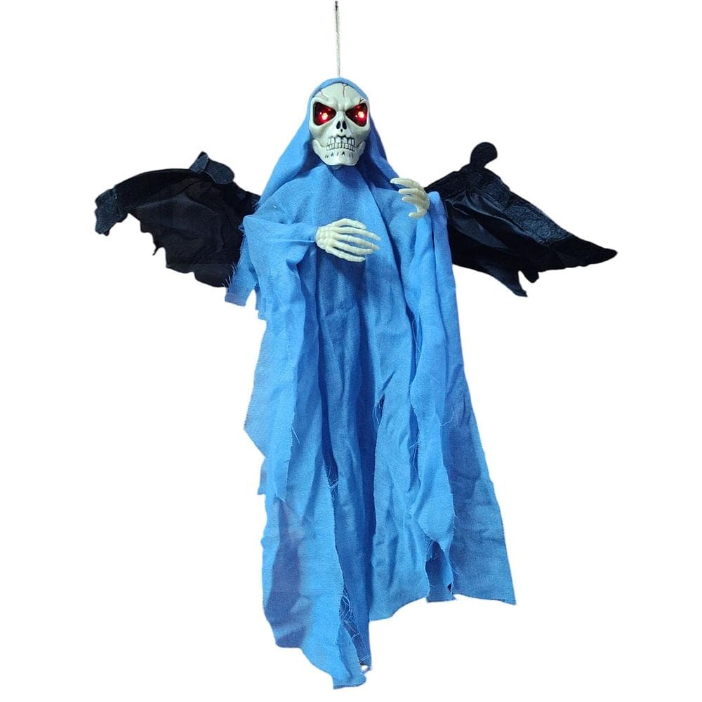 Caveira Fantasma Halloween Dias Bruxas fESTA Acende Olhos Bate Asa Grito Susto Som Pendura Porta Entrada Esqueleto