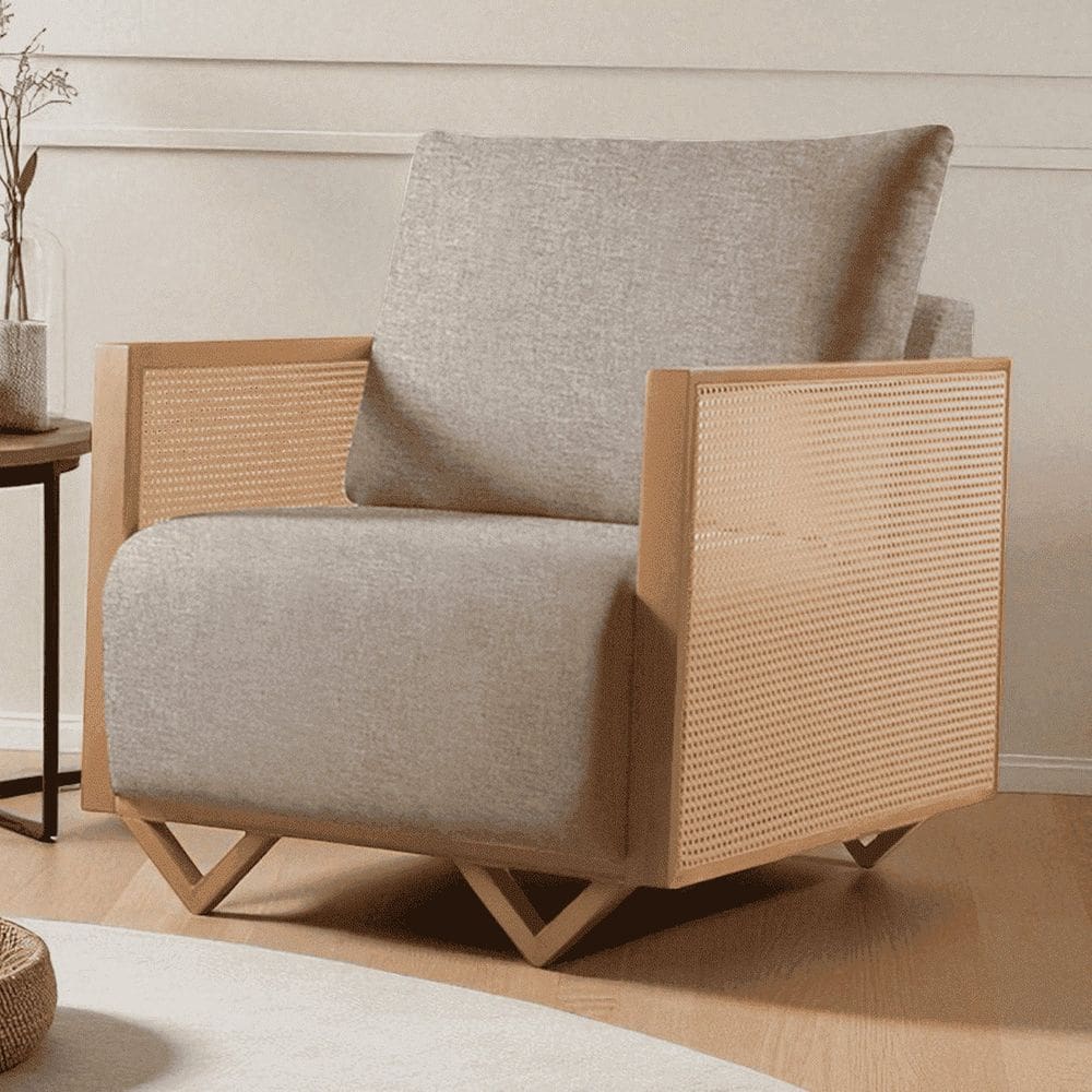 Poltrona para Sala de Estar Madeira Maciça Palha Rattan Arthur Cappuccino
