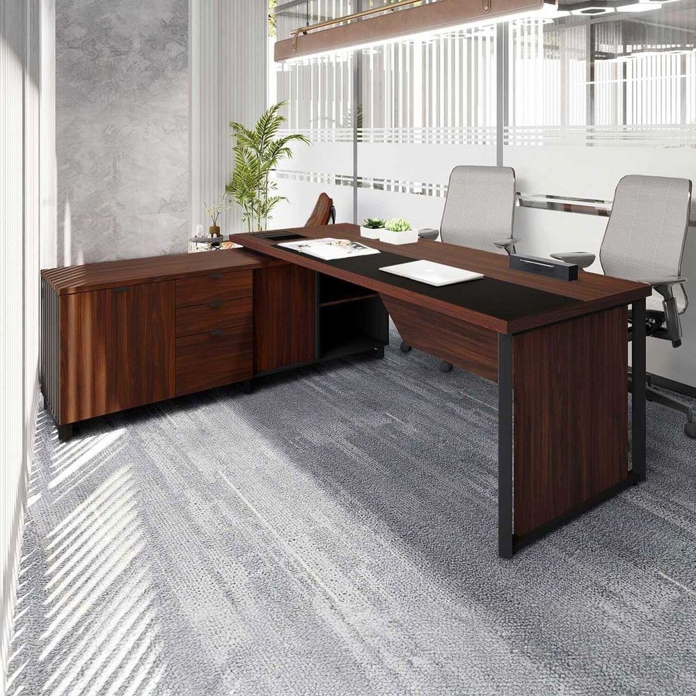 Mesa Executiva 180cm com Armário Lateral e Caixa de Tomadas Corporate Louro Preto / Preto