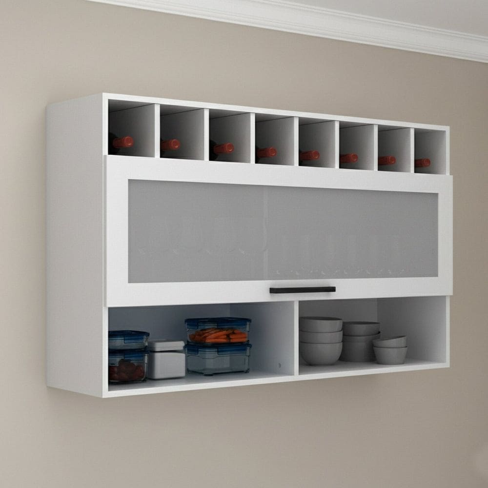 Armário Aéreo 120cm em Mdf com Nichos Adega e 1 Porta de Vidro Basculante Cz Branco
