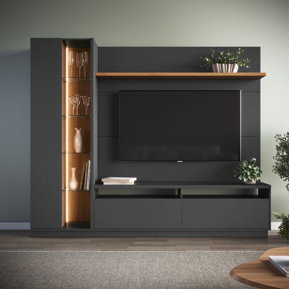 Estante Home com Painel para Tv 65 Polegadas e Bar Iluminado 3250 Cristaleira 220cm X 183cm Grafite/Freijo