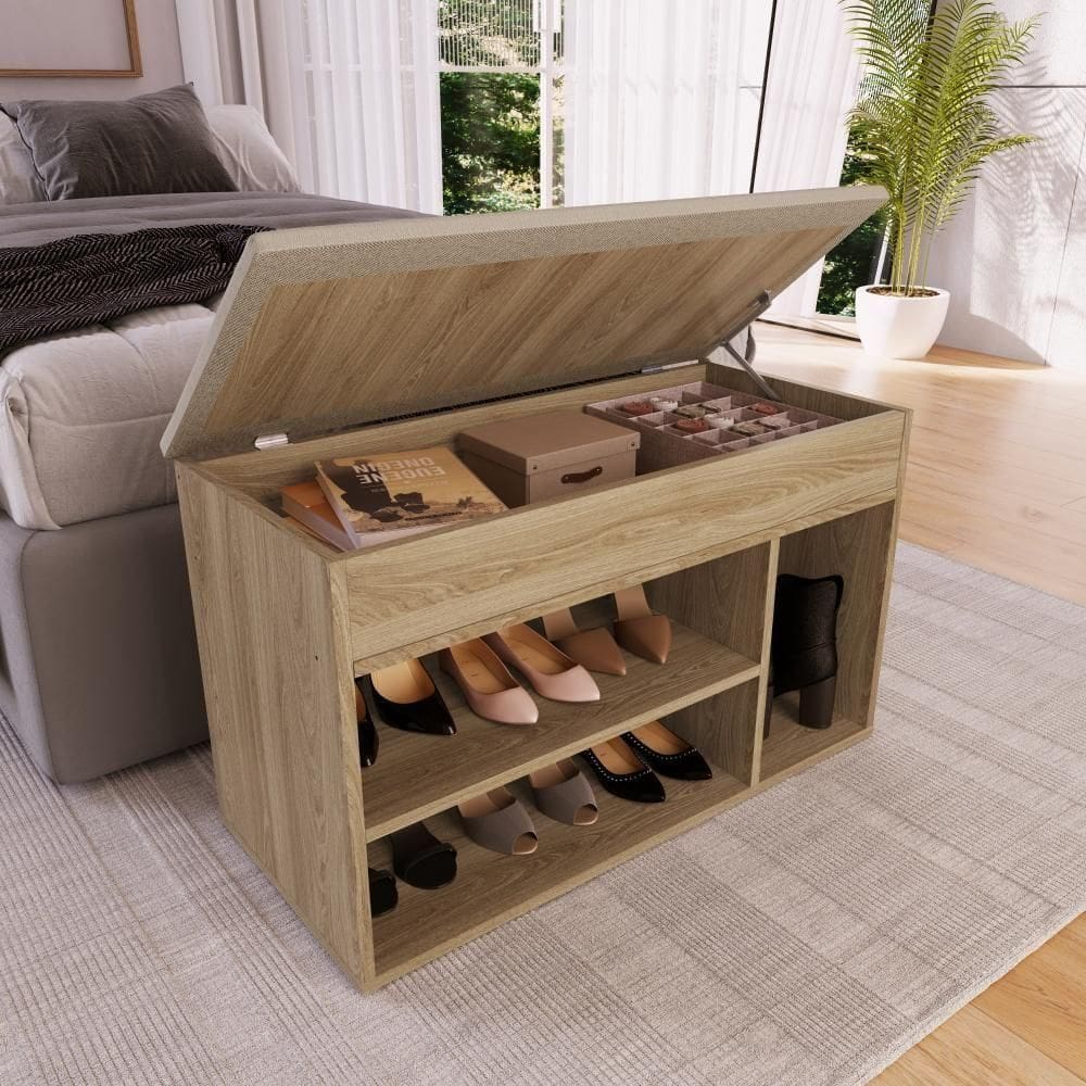 Sapateira Banco Baú Organizador 81cm 7 Pares Com Tampo Estofado Oak