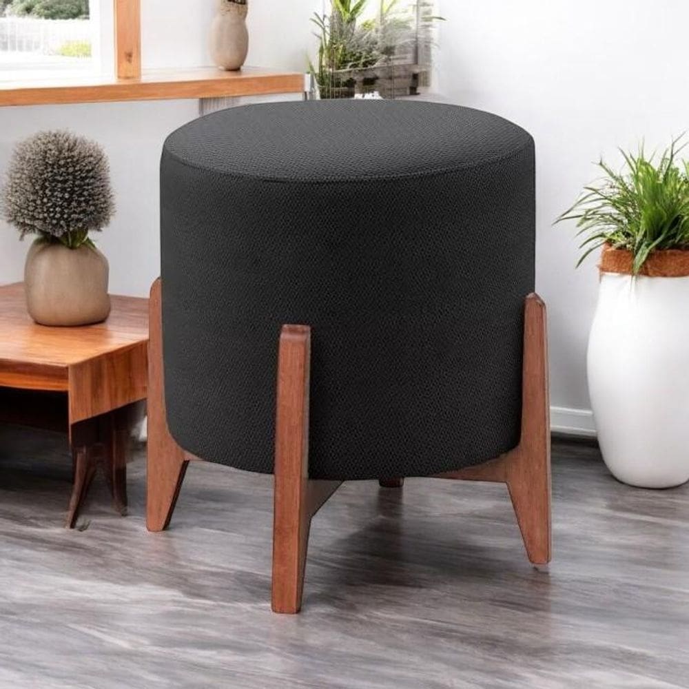Puff Três Pés Decorativo Thor Para Sala Quarto Linho Preto Madelina Decor