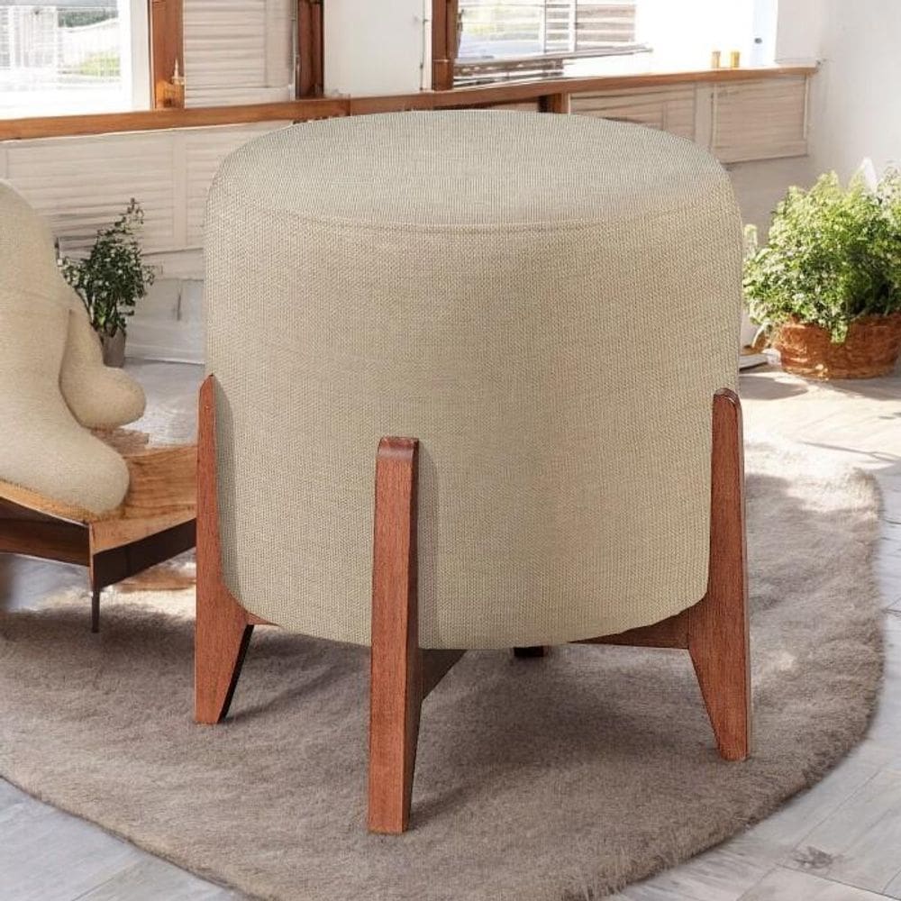 Puff Três Pés Decorativo Thor Para Sala Quarto Linho Bege Madelina Decor