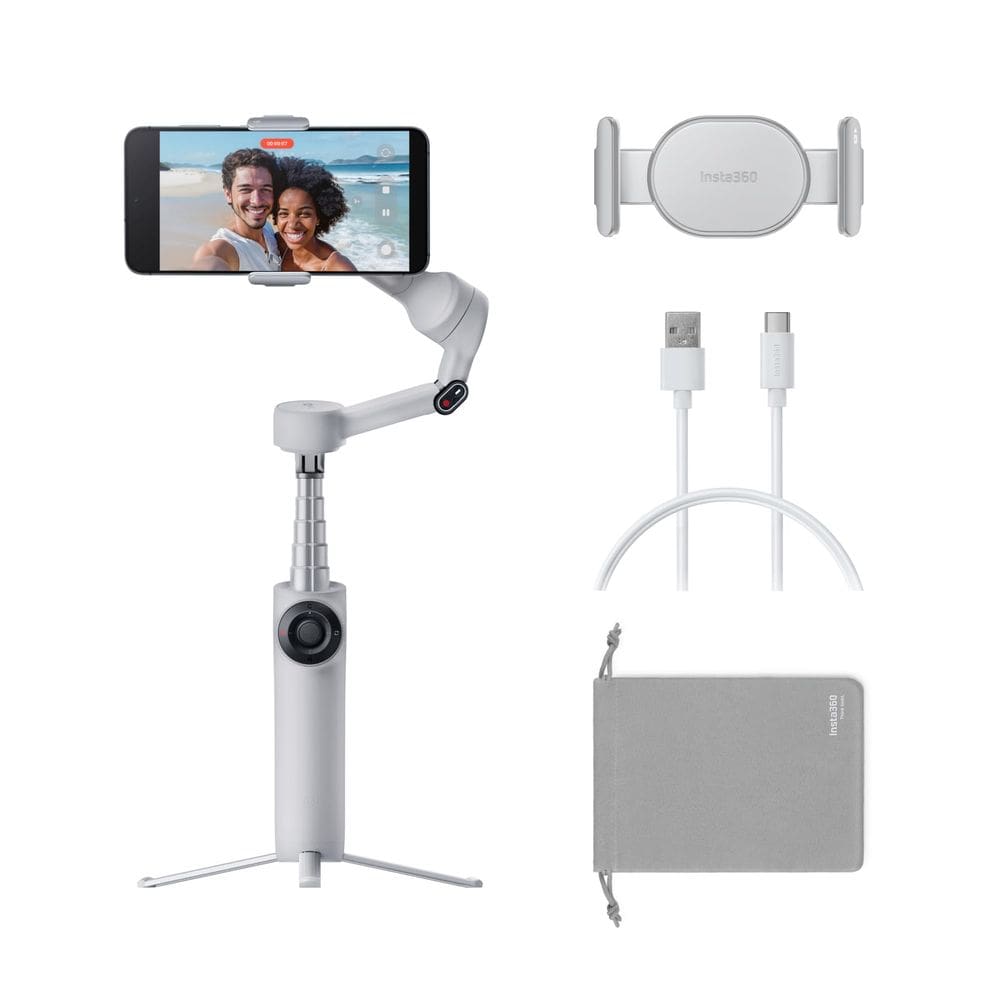 Telefone Gimbal Insta360 Flow 2 cinza com rastreamento de IA e tripé