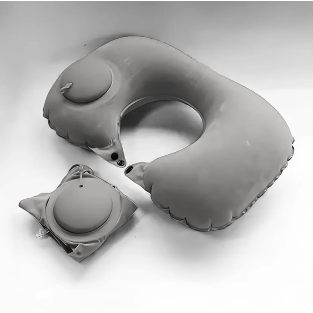 Almofada Travesseiro Pescoço Viagem Inflável Portátil CINZA