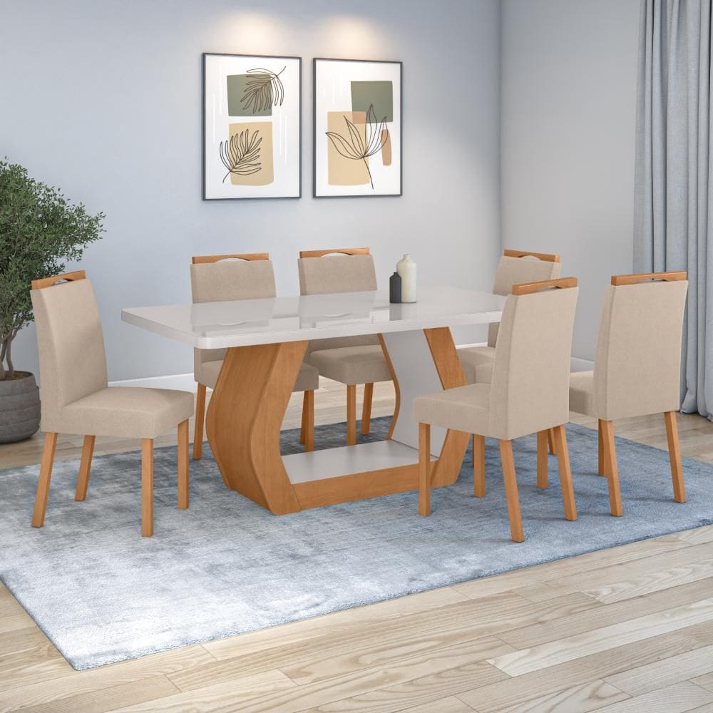 Conjunto Sala de Jantar Mesa Easy Tower 170x90cm MDF/Vidro com 6 Cadeiras Aurea Veludo Creme Amendoa/off White