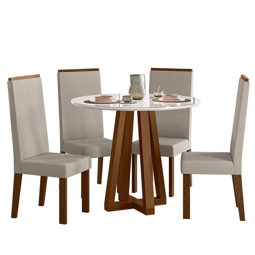 Sala de Jantar Mesa Redonda Livia Piccola 900 com Vidro e 4 Cadeiras Livia – Madeira/MDF, Tecido Suede – Sonetto