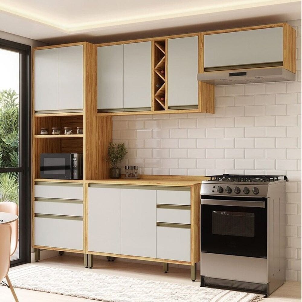 Cozinha Modulada Compacta 4 Peças 9 Portas e 5 Gavetas 100% MDF 270cm Barbados Espresso Móveis Amêndoa/Off White
