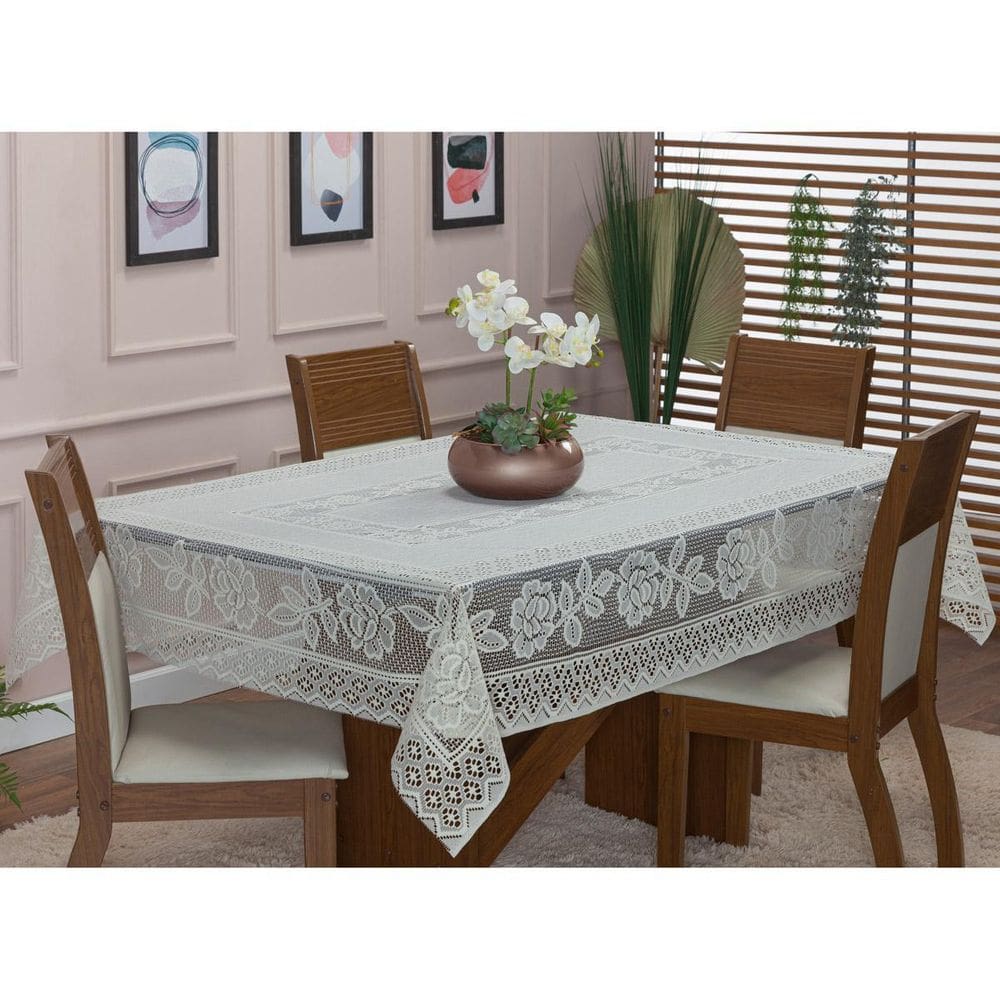Toalha De Mesa Renda Retangular 2,20M X 1,40M Floral Palha