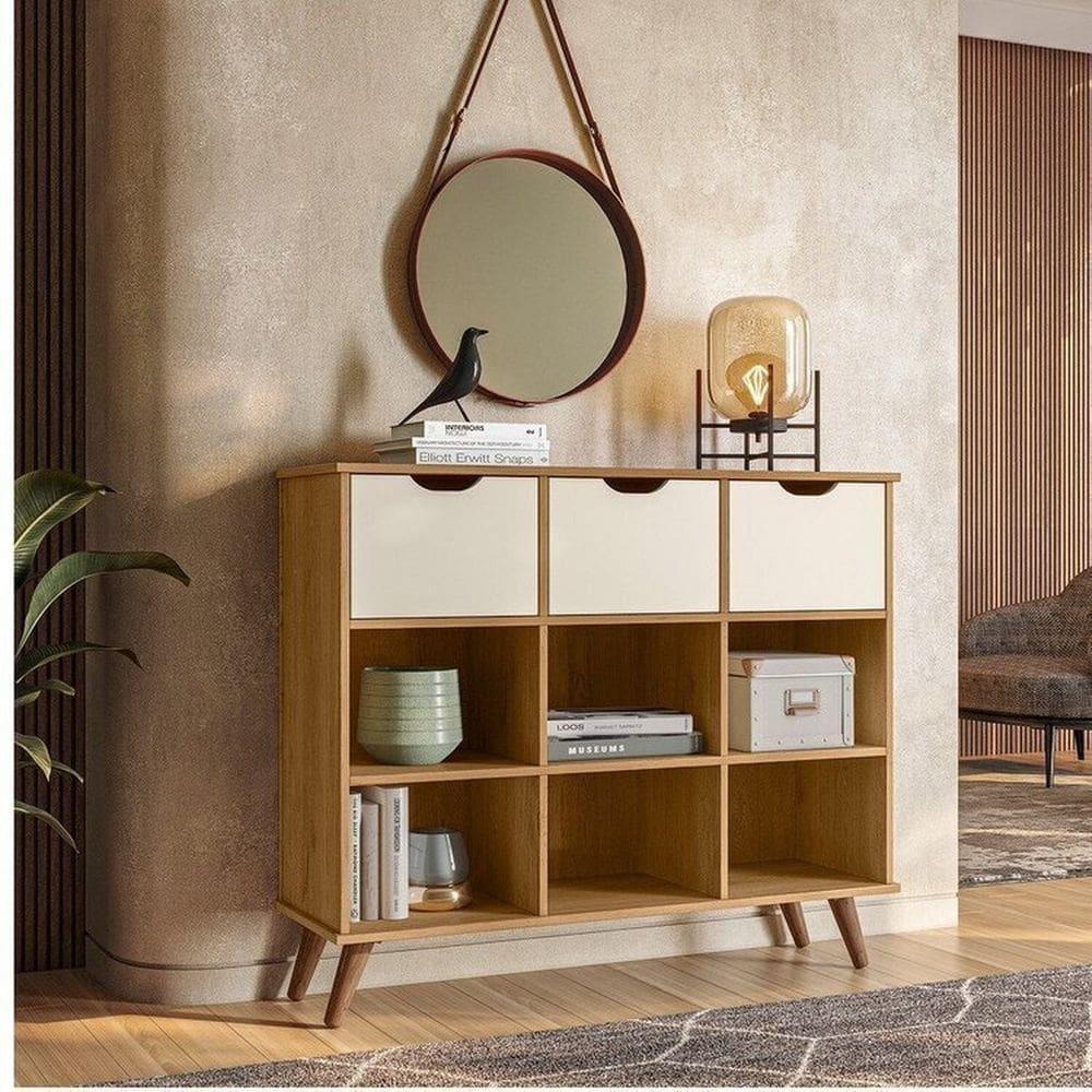 Kit 3 Gavetas Organizadoras e Estante Baixa Nicho com Pés Palito Freijo/Branco Acetinado