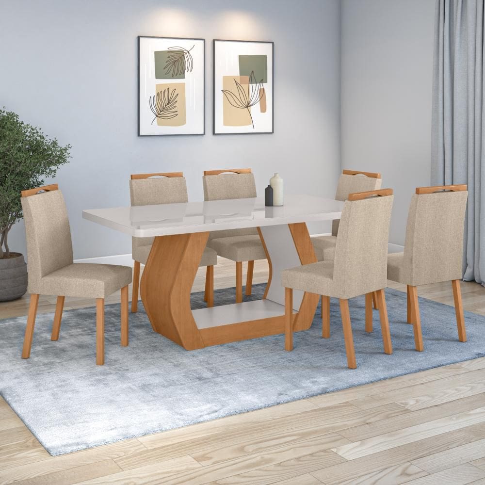 Conjunto Sala de Jantar Mesa Easy Tower 170x90cm MDF/Vidro com 6 Cad Aurea Linho Rinzai Bege Amendoa/off White