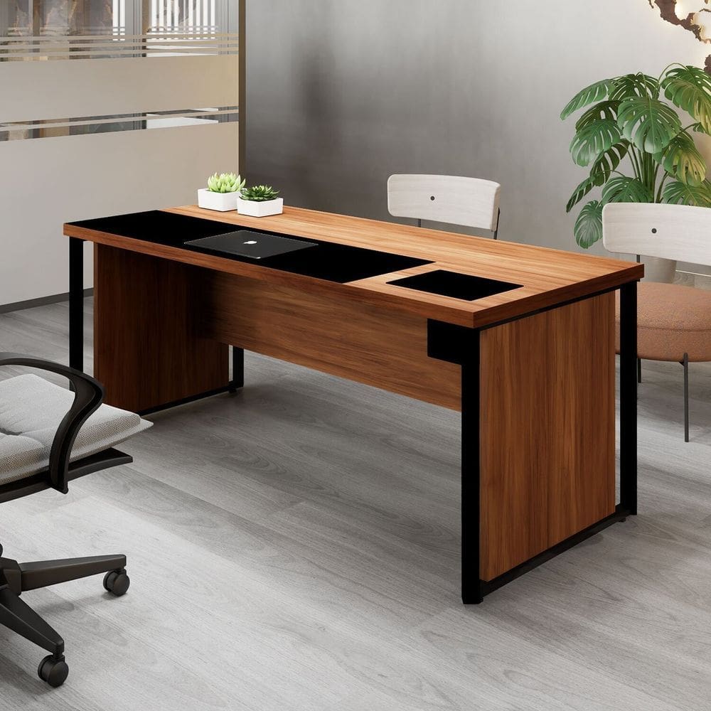 Mesa de Escritório Diretor 200cm com Caixa de Tomadas e Porta Objetos Corporate Nogal/Preto