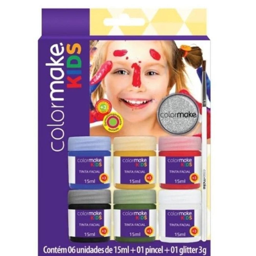 Kit Tinta Facial 6 Cores + Pincel E Glitter Prata Colormake