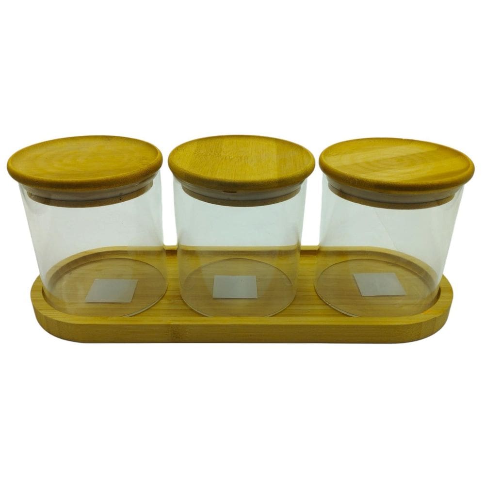 Kit Bandeja Bambu + 3 Potes Vidro Mantimento Hermético 500Ml