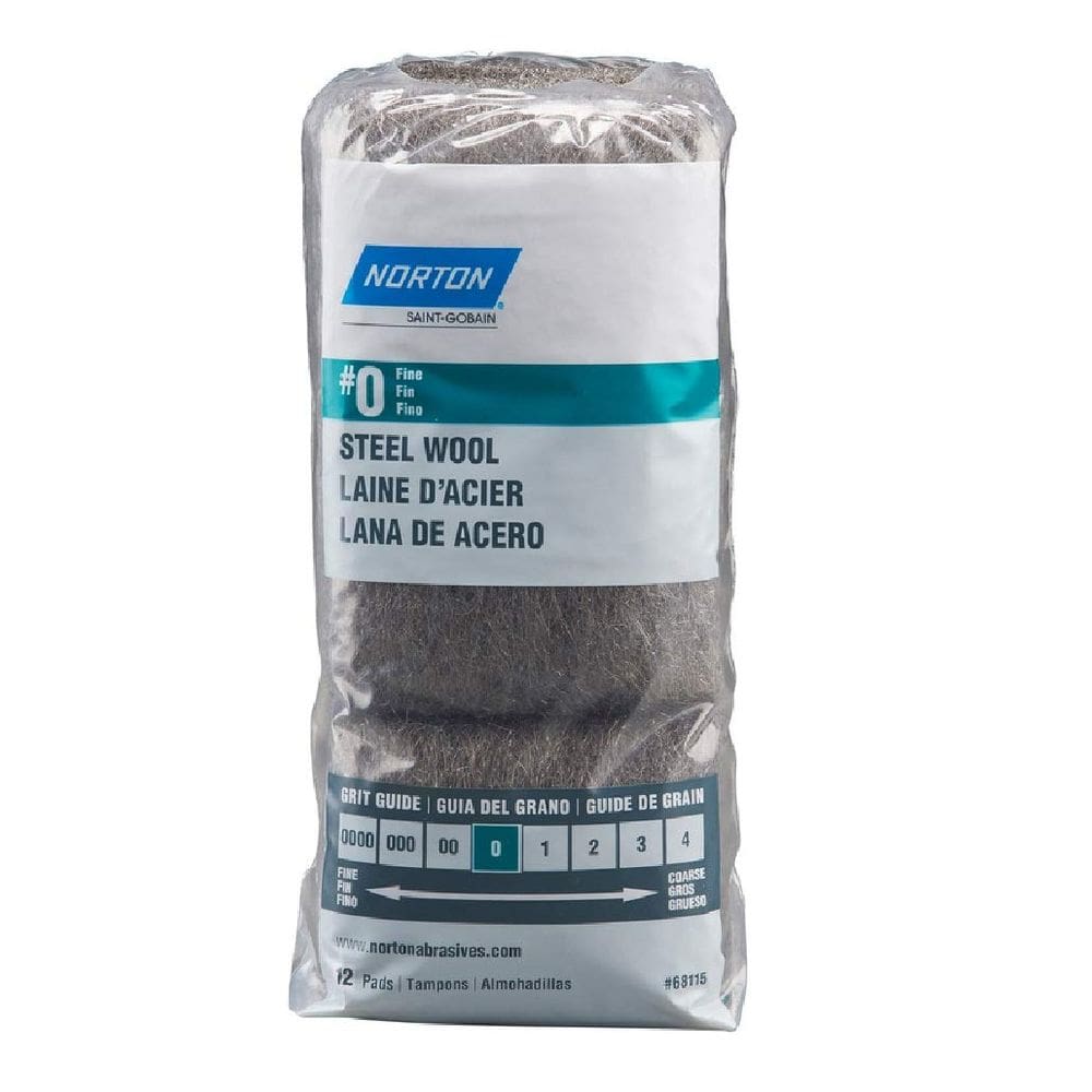 Almofadas de lã de aço Norton #0 Fine Grit, 12 unidades