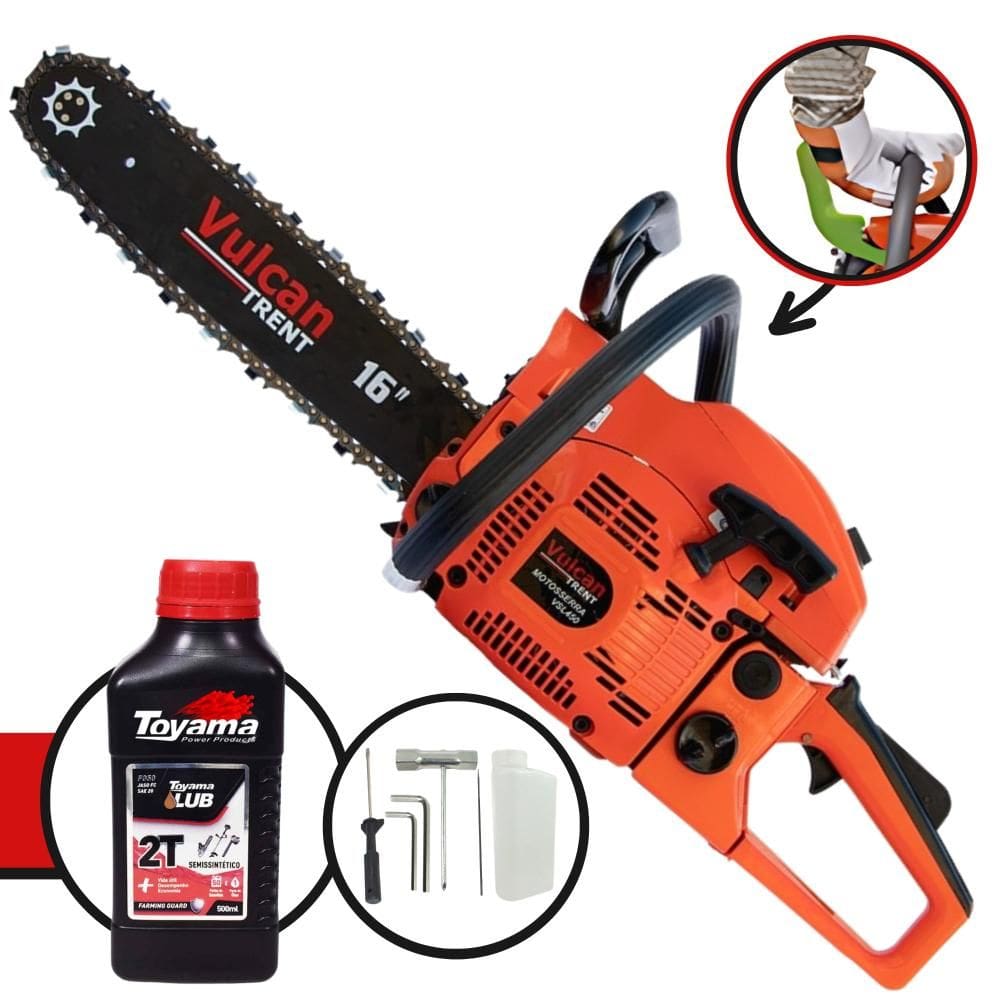 Motosserra Vulcan VSL-450 À Gasolina 2T 45cc 2,3HP 11.000rpm Robusta e Resistente Sabre 16 Polegadas Corrente 28 Dentes + ÓLEO TOYAMA 2T