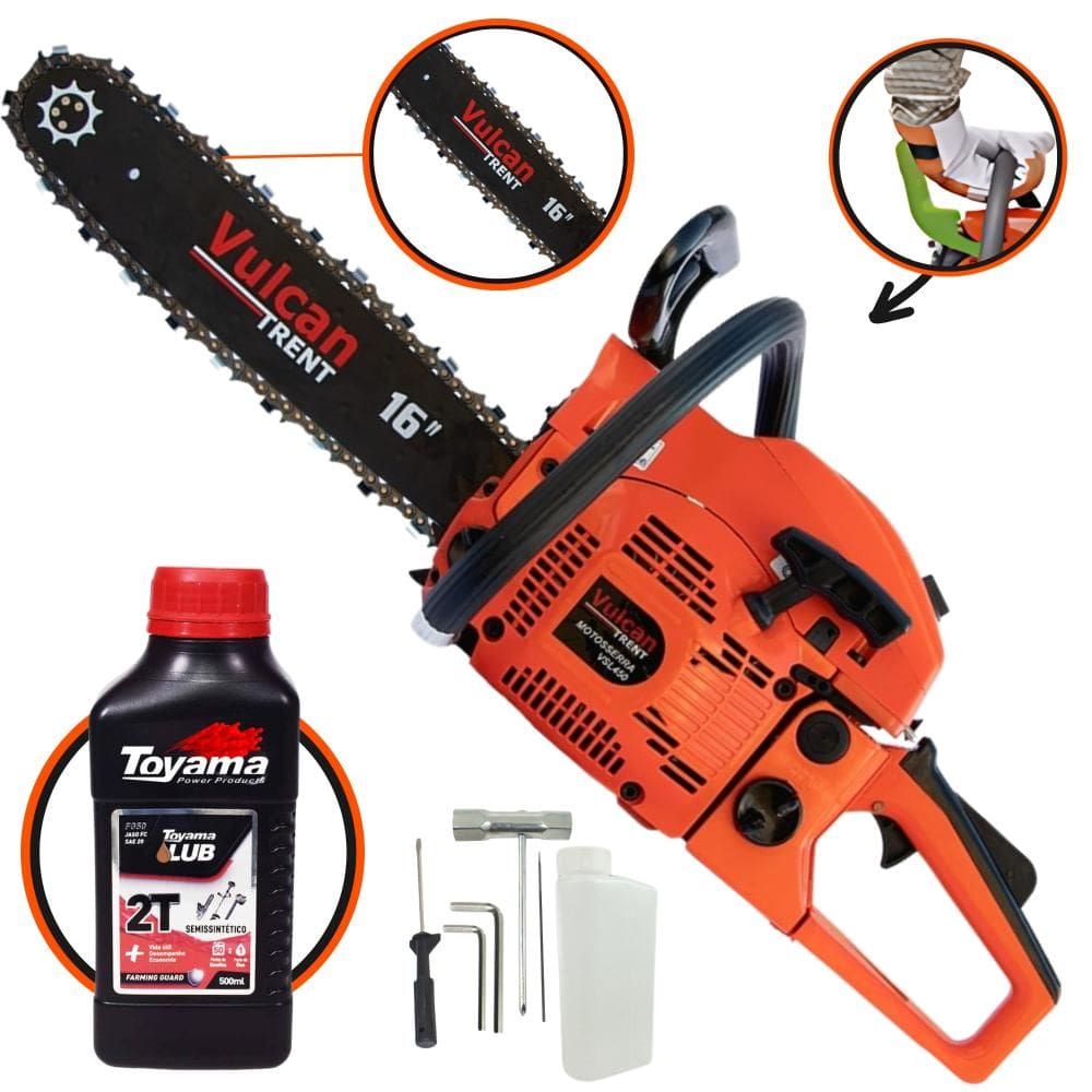 Motosserra À Gasolina Vulcan VSL-450 Motor 2T 45cc 2,3HP Sabre 16’’ 11.000rpm Leve, Ergonômica e de Fácil Manuseio + ÓLEO LUBRIFICANTE TOYAMA  2T