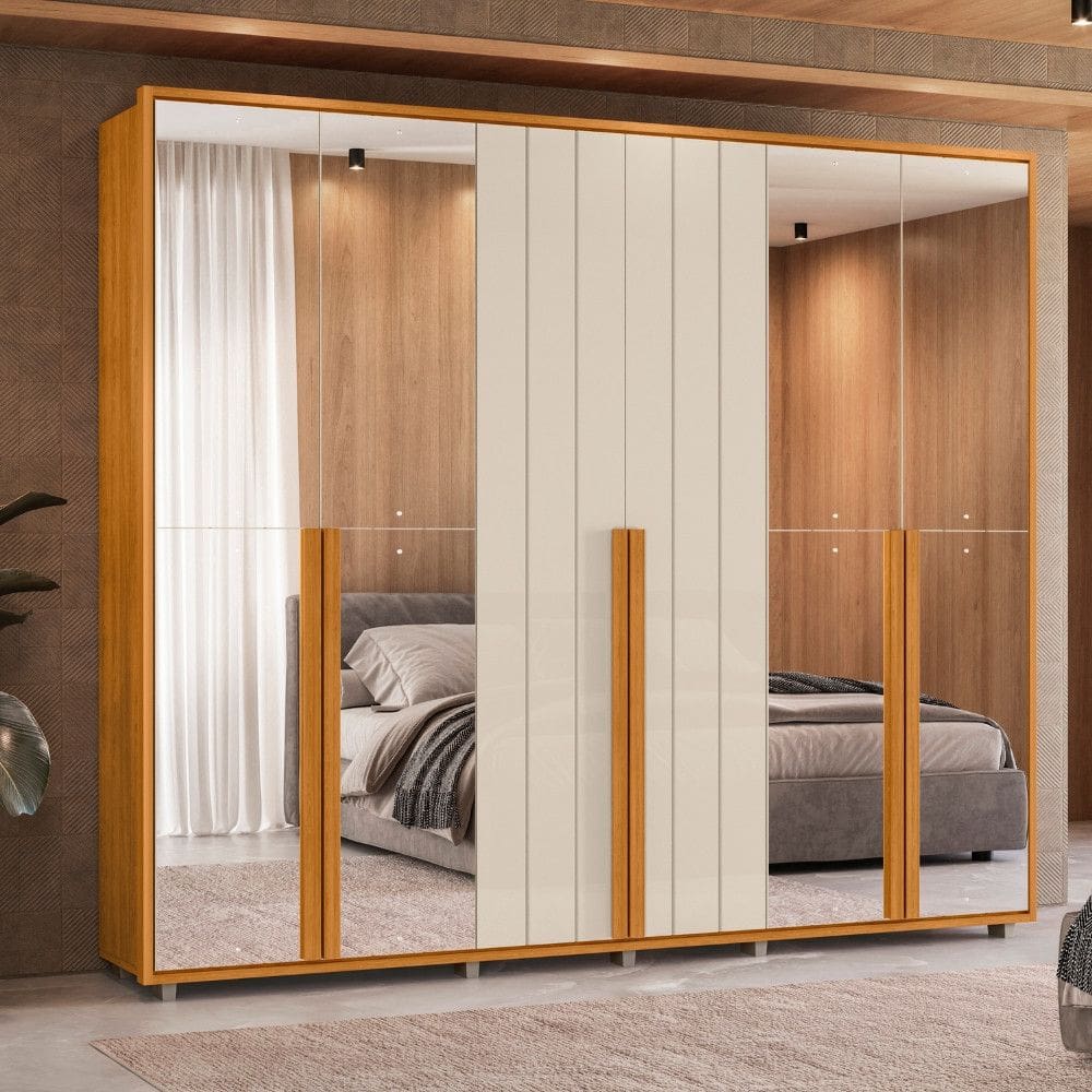Guarda Roupa Casal Ripado em MDF 6 Portas com Espelhos e Pés Volpi Madetec