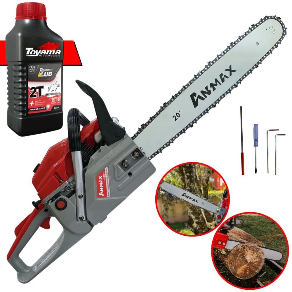 Motor Serra À Gasolina Anmax CS5800-A 58cc 3HP 11.000rpm Motosserra Profissional Com Sabre 20’` Ponta Rolante e Corrente 36 Dentes + ÓLEO TOYAMA 2T