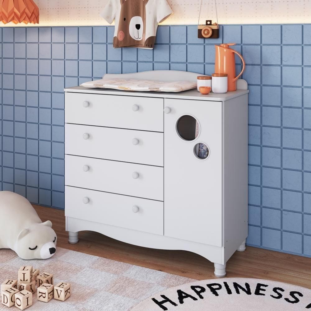 Cômoda Infantil Organizadora 4 Gavetas Grande E 1 Porta Com Prateleira E Trocador Para Quarto De Bebê Branco
