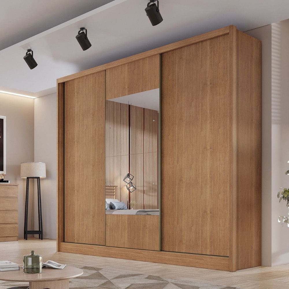 Guarda Roupa Casal em MDF com Espelho 3 Portas de Correr Medelim Novo Horizonte