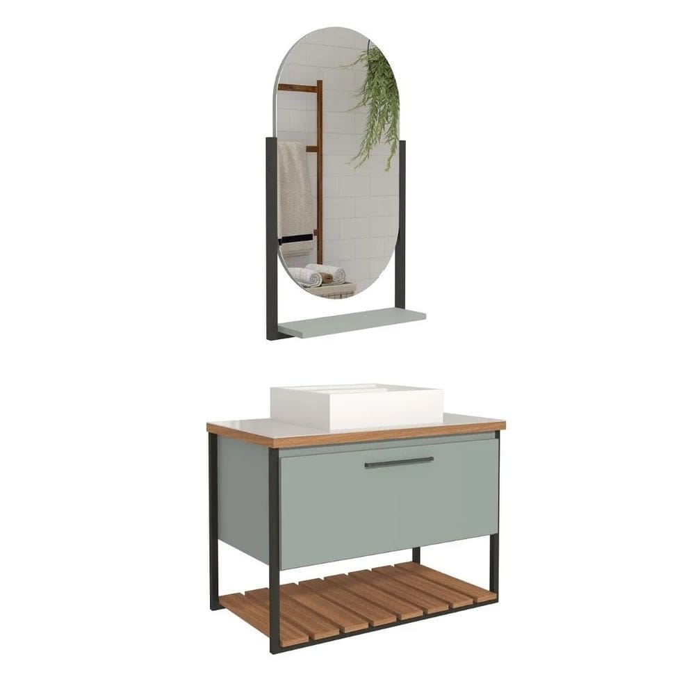 Armário Banheiro Mdf E Aço Com Espelheira 1 Porta Pistache