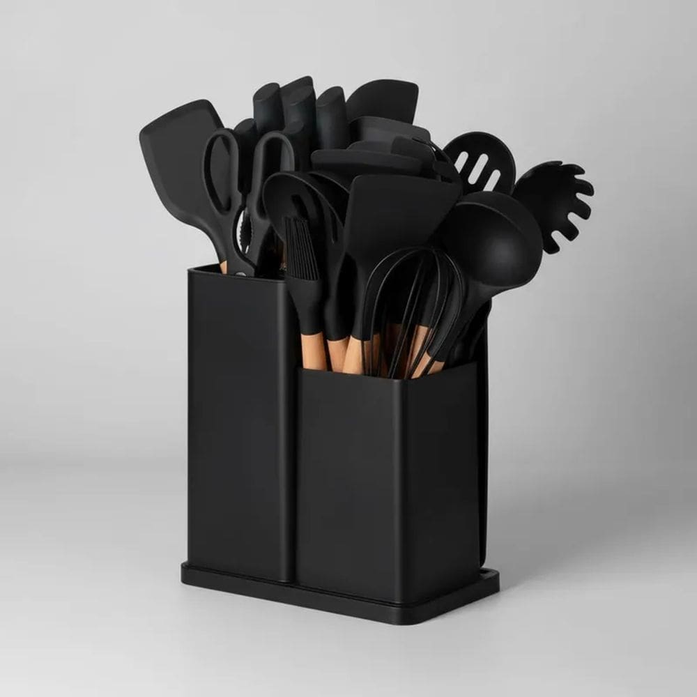 Kit Utensílios de Cozinha Silicone 19 Peças Antiaderente Cabo Bambu Facas Inox Funcional e Moderno