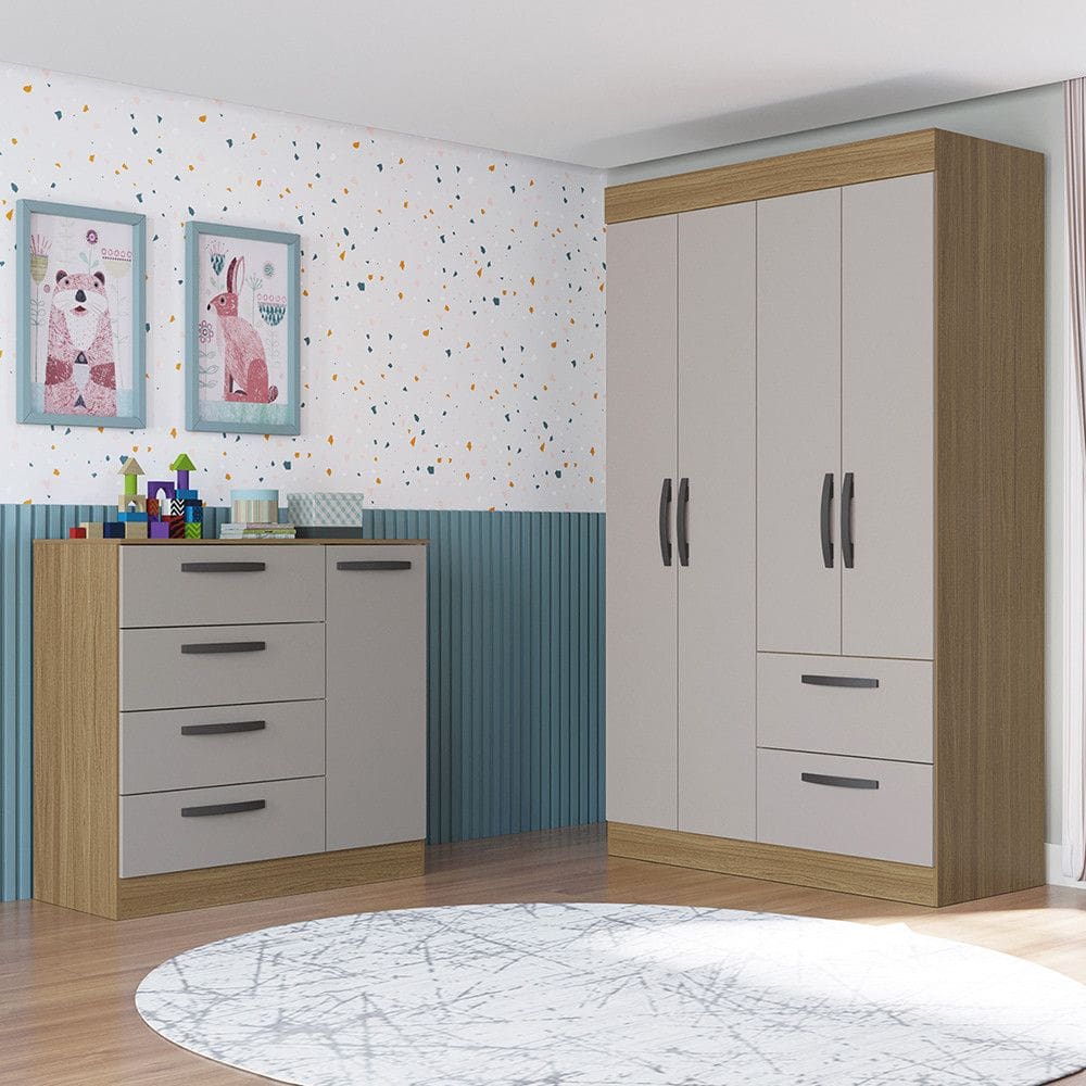 Quarto Infantil Guarda Roupa 4 Portas 2 Gavetas e Cômoda 4 Gavetas 1 Porta Loly Poquema