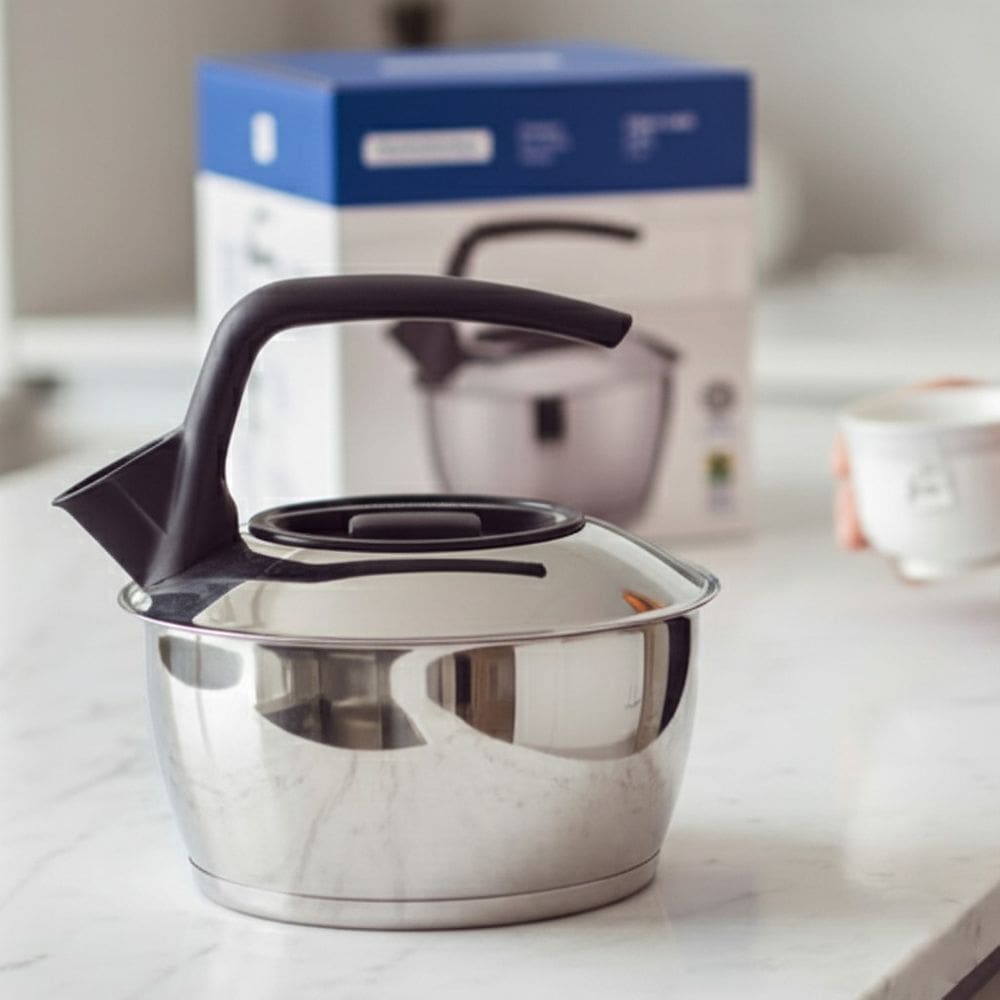 Chaleira Aço Inox 1,5L Fundo Triplo Alta Qualidade Cabo Preto Nylon 61485160 Fogão Gás Elétrico Vitrocerâmico Indução