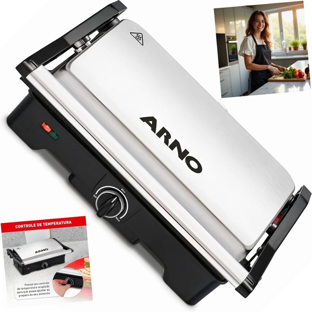 Grill Arno Dual Inox 180° Abertura Placas Antiaderentes Controle Temperatura