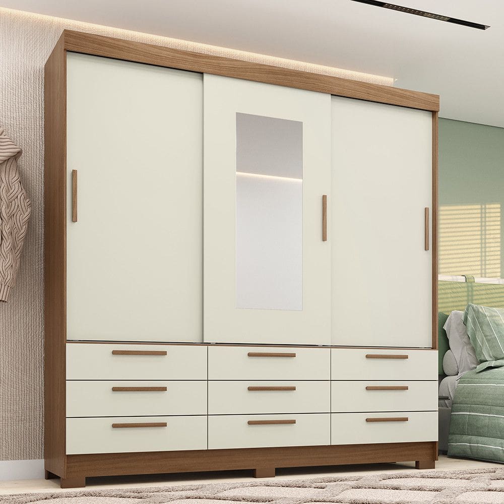 Guarda-Roupa Casal 3 Portas de Correr 9 Gavetas Com Espelho 194,40cm Morretes Santos Andira