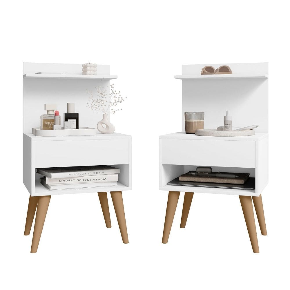 Kit 2 unidades de mesa de Cabeceira RV Móveis Kosovo com nicho e prateleira pés palito retro Branco