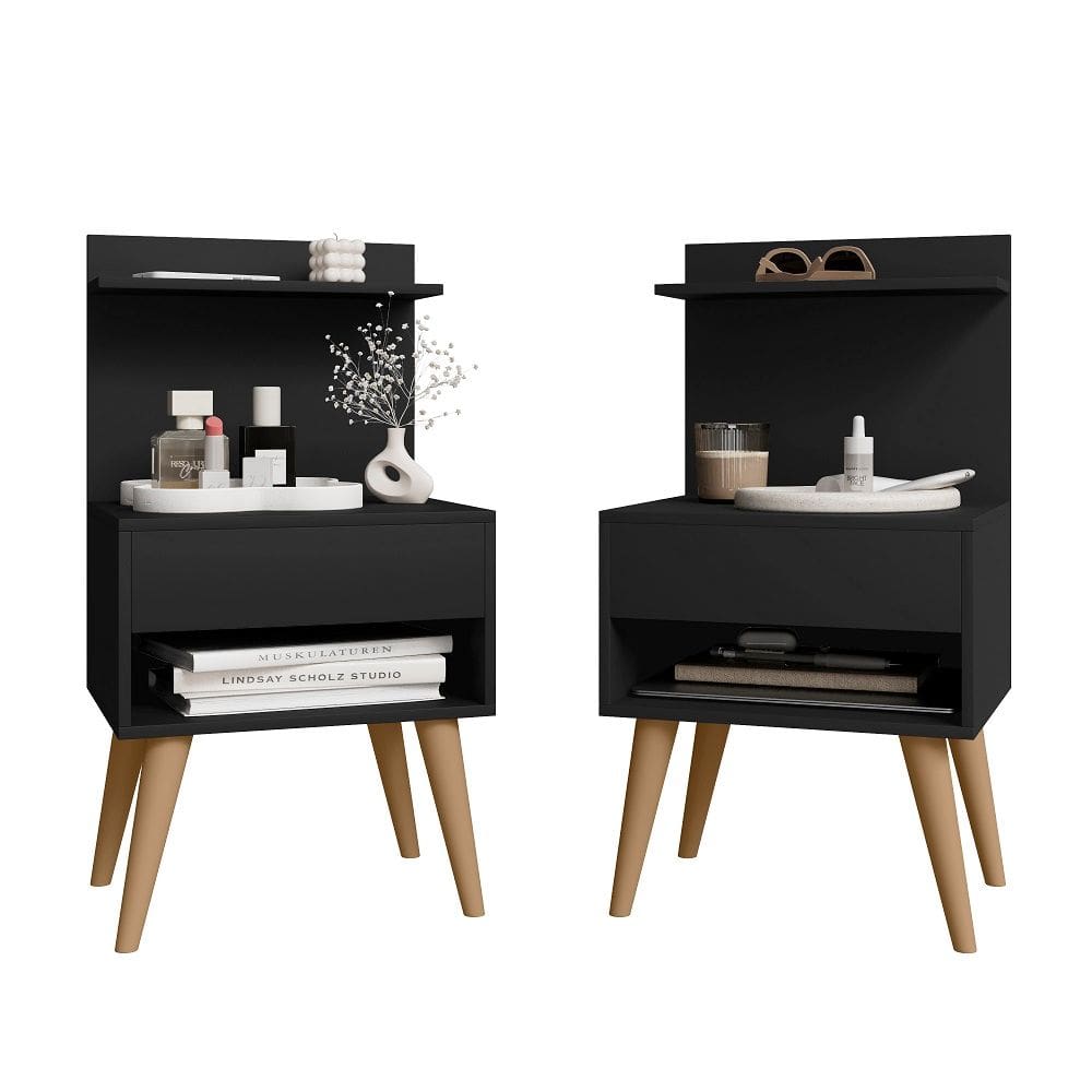 Kit 2 unidades de mesa de Cabeceira RV Móveis Kosovo com nicho e prateleira pés palito retro Preto