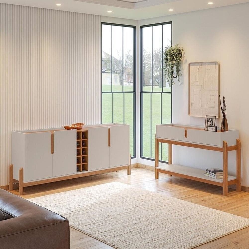 Buffet 190cm e Aparador 2 Gavetas com Pés de Madeira Maciça Lizz Off White / Cedro