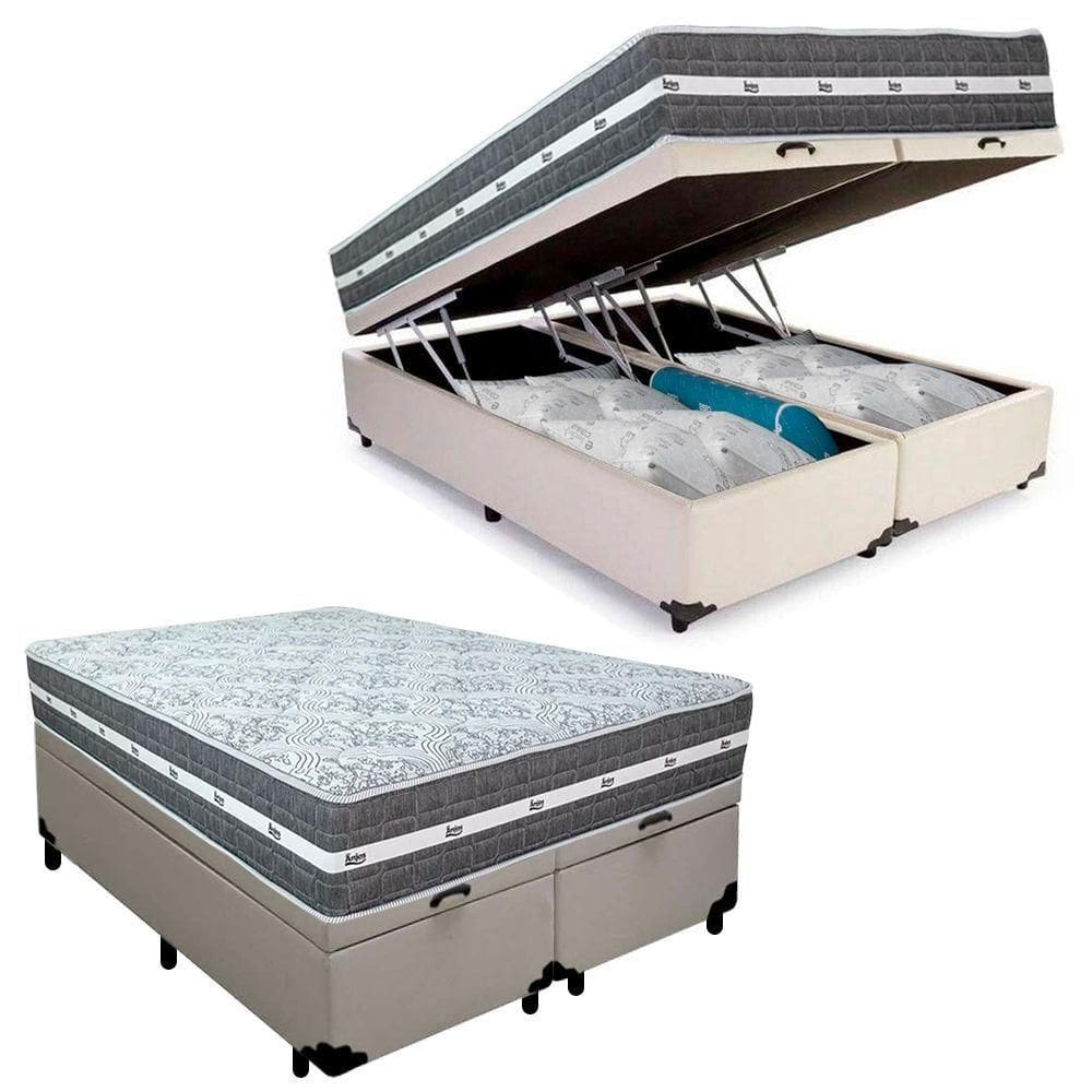 Cama Box Baú Casal Bipartido Sintético + Colchão Black Graphite Molas Ensacadas 138x188x64cm Branco