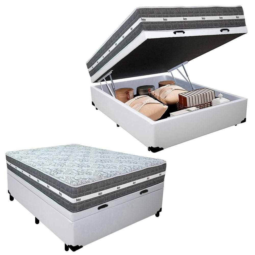 Cama Box Baú Casal Sintético + Colchão Black Graphite Molas Ensacadas 138x188x64cm Branco
