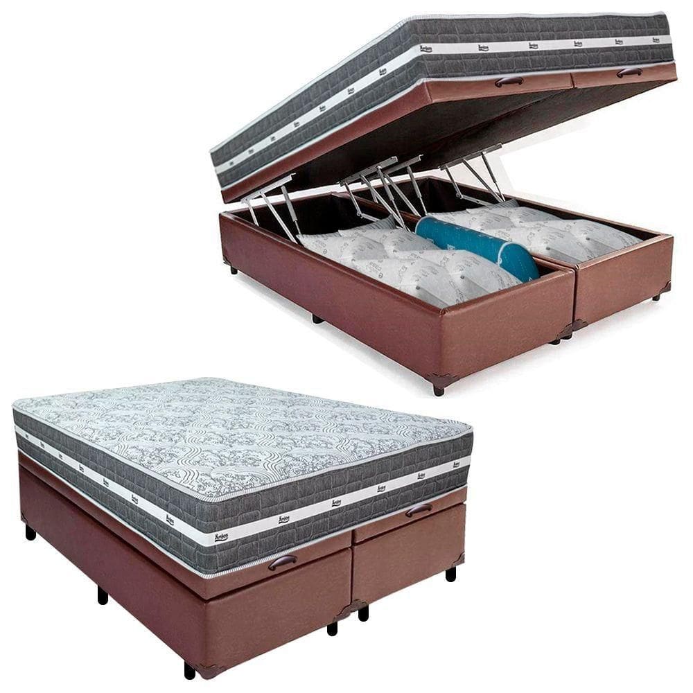 Cama Box Baú Casal Bipartido Sintético + Colchão Black Graphite Molas Ensacadas 138x188x64cm Marrom