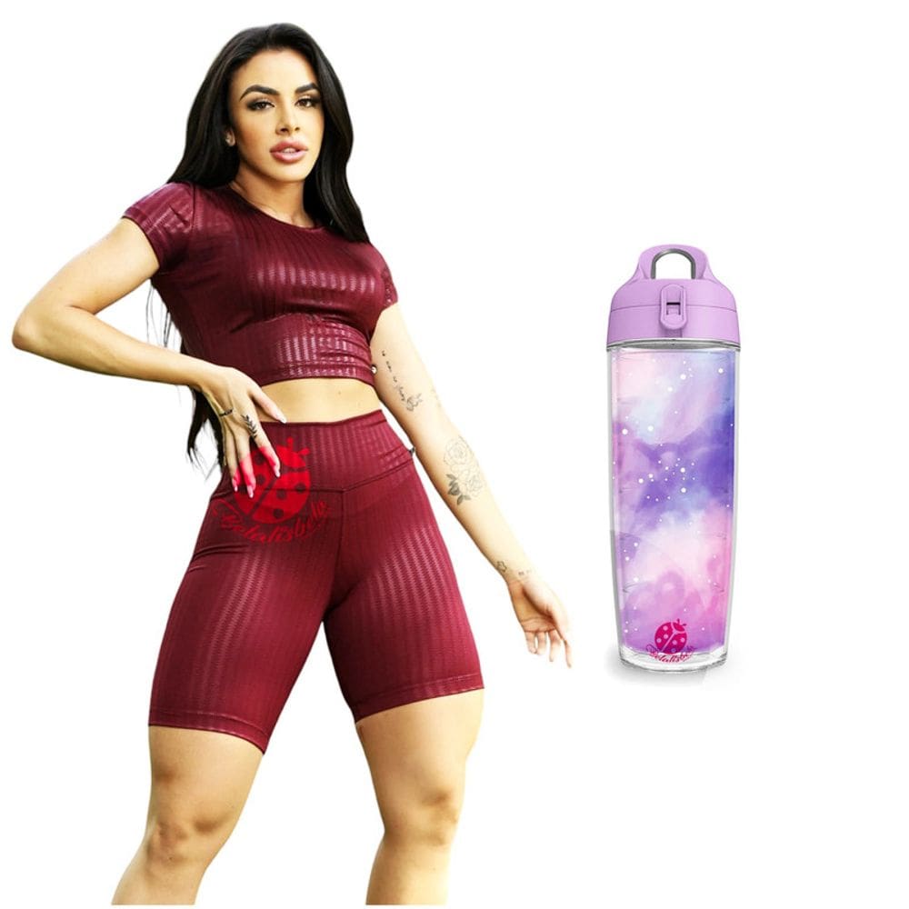 Kit Conjunto Bermuda E Cropped Fitness E Garrafa Squeeze