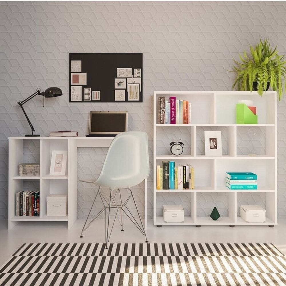 Conjunto Escrivaninha Matrix e Estante Book com Diversos Nichos Branco