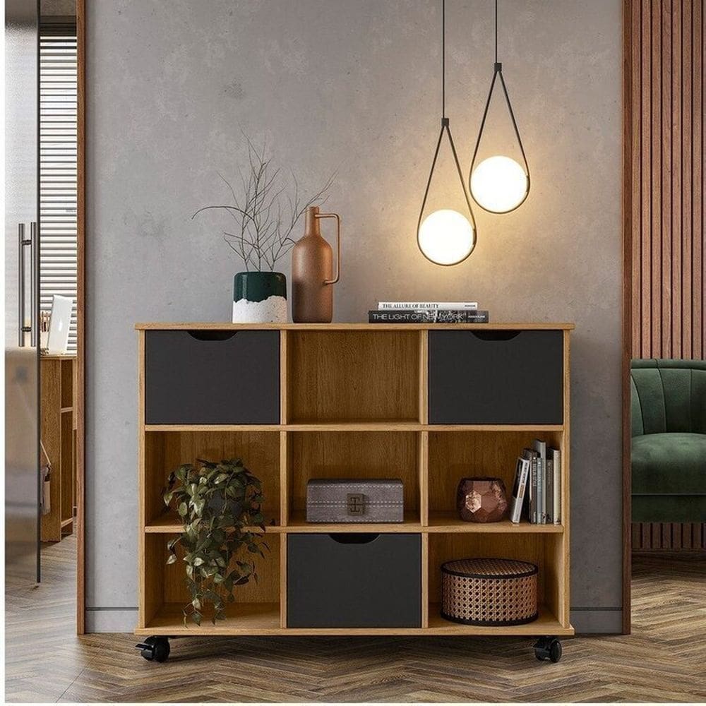 Kit 3 Gavetas Organizadoras e Estante Baixa Nicho com Rodízios Freijó/Preto