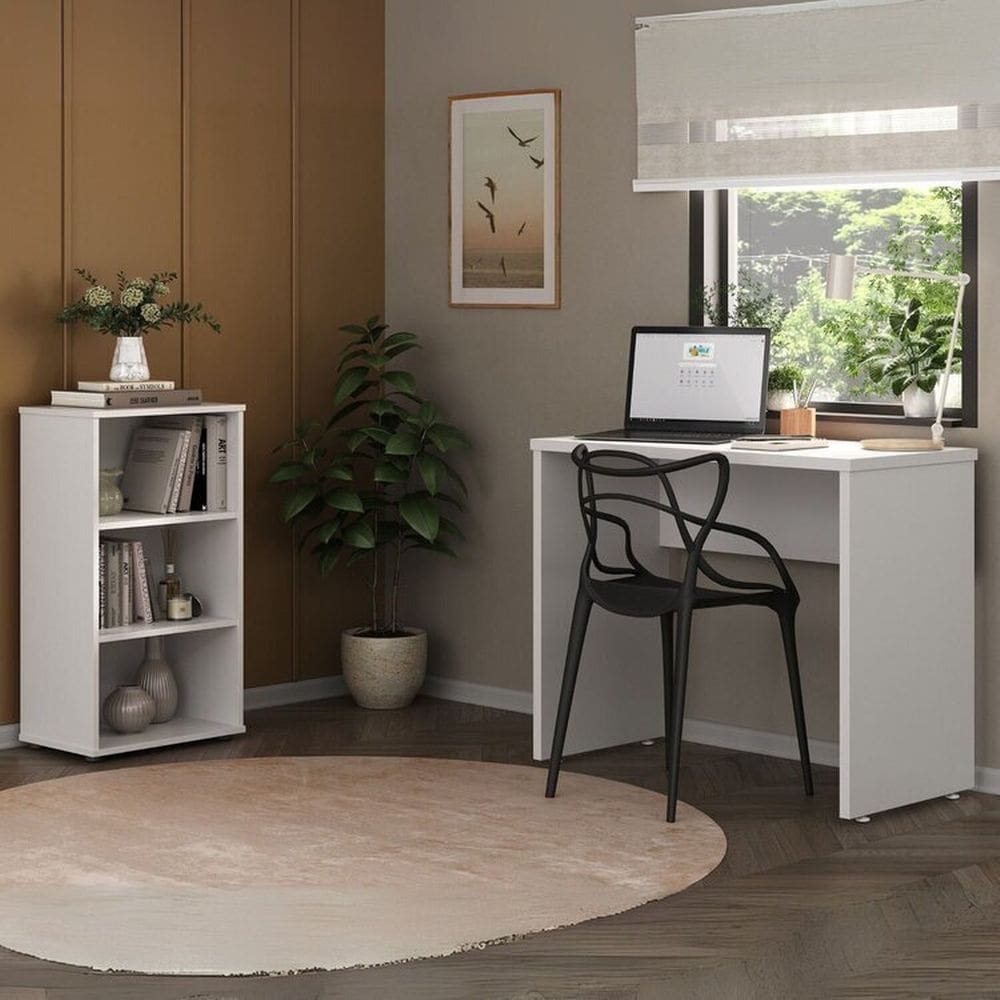 Kit Home Office Compacto Escrivaninha Mary  Estante Pequena Clean Branco