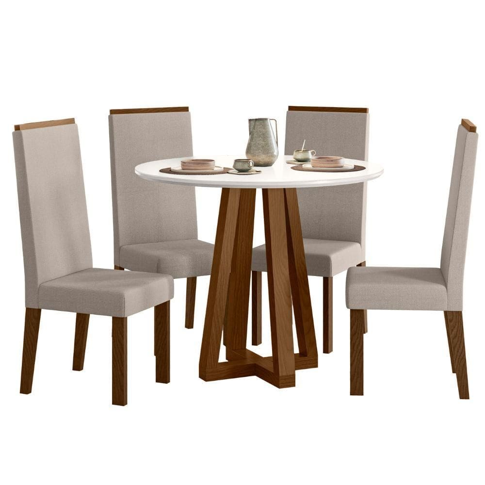 Sala de Jantar Mesa Redonda Livia e 4 Cadeiras Livia -  Madeira/MDF, Linho - Sonetto