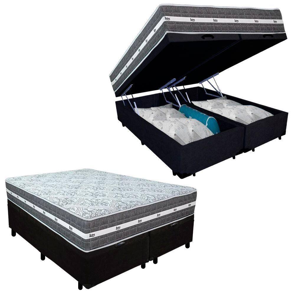 Cama Box Baú Casal Bipartido Suede + Colchão Black Graphite Molas Ensacadas 138x188x64cm Preto