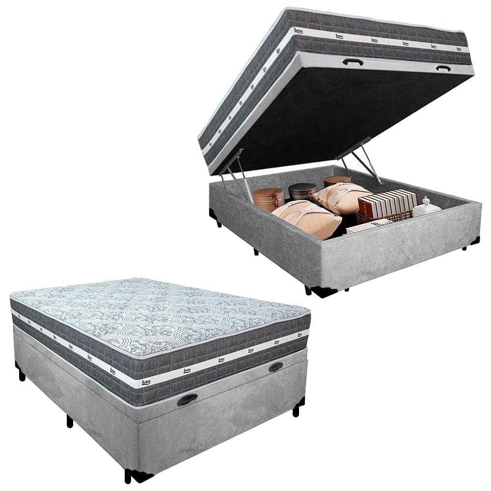 Cama Box Baú Casal Suede + Colchão Black Graphite Molas Ensacadas 138x188x64cm Cinza